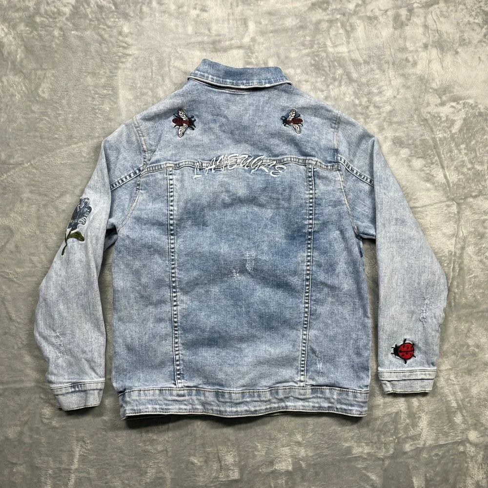 Zara Girls Embroidered Denim Jacket Light Wash Floral Bee Ladybug‎ Blue Size 14